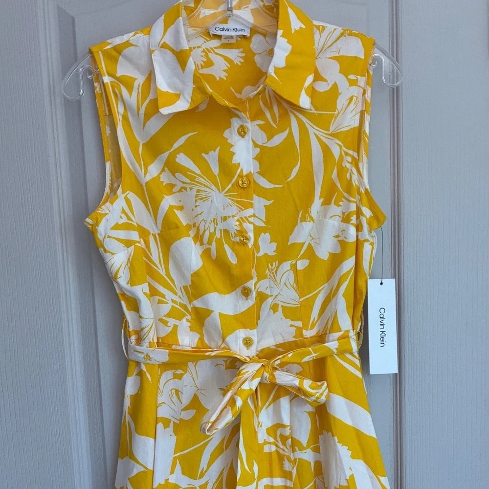 Calvin Klein Womens Yellow Floral Cotton Sleeveless Midi Shirt Dress CD5G3HX4 6 - Picture 8 of 14